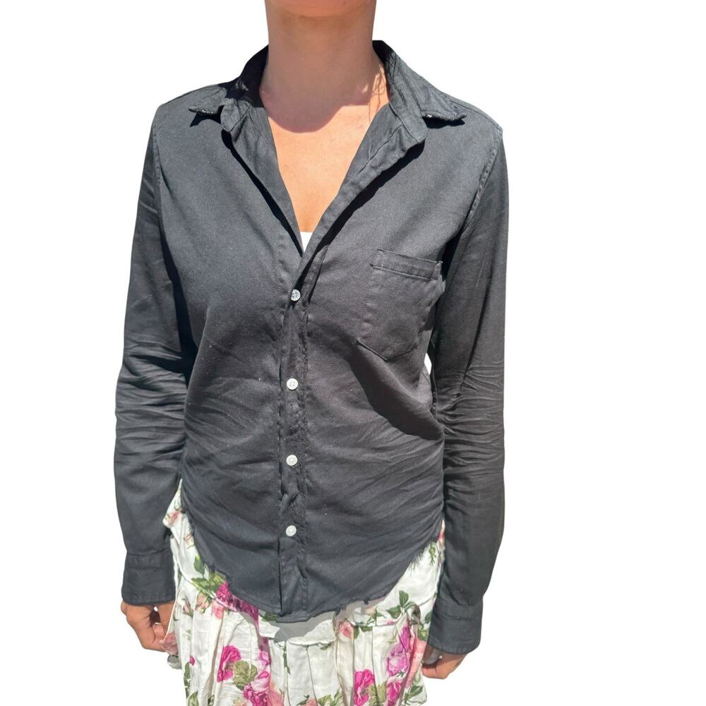 Frank & Eileen XS Black Distressed Linen Blend Raw Hem Button-Up Shirt